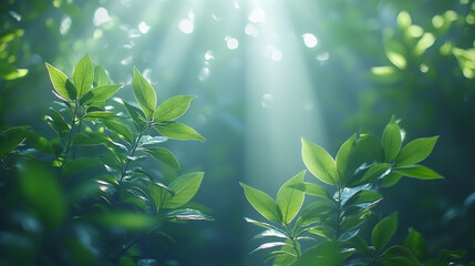 Soft morning sunlight filtering through lush green forest leaves creating a peaceful, serene atmosphere with blurred background and empty space for captions or text overlay

