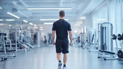 Obraz premium A man in activewear walks through a well-equipped gym filled with exercise machines and weights