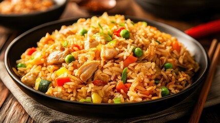 Traditional Chinese fried rice with vegetables and chicken. Featuring a savory and colorful dish. Highlighting the texture and flavors of the fried rice. Ideal for food and cultural themes.