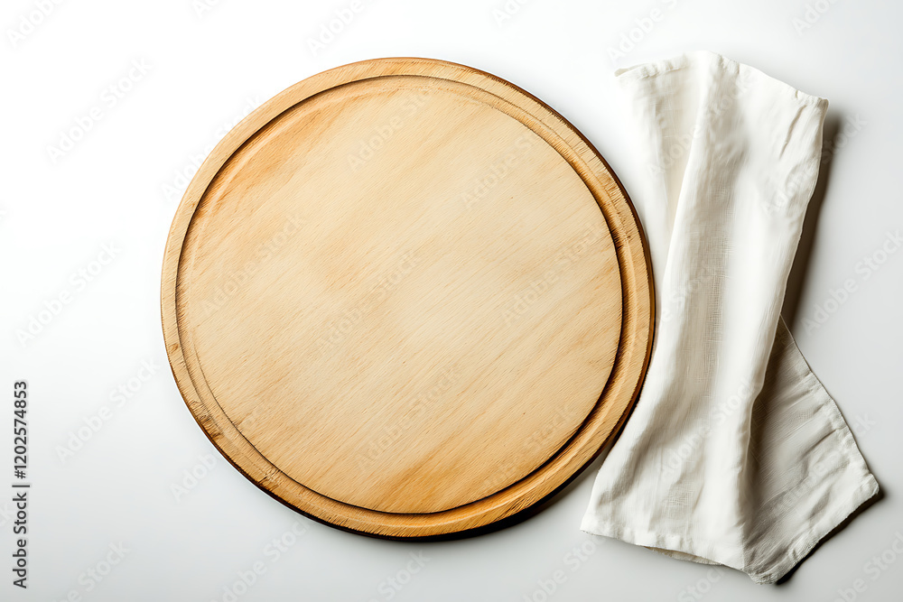 Poster top view of empty pizza board and napkin isolated on a white background
