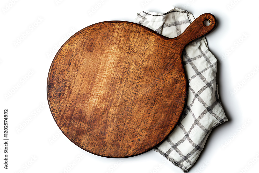 Poster top view of empty pizza board and napkin isolated on a white background