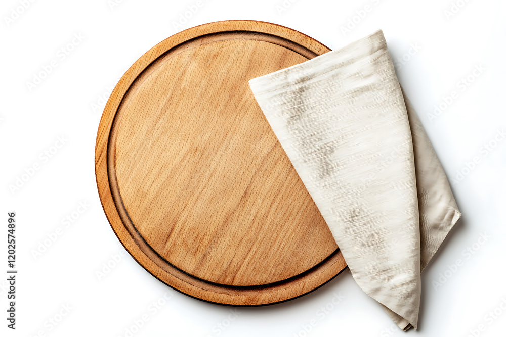 Poster top view of empty pizza board and napkin isolated on a white background