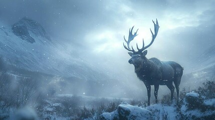   Elk atop snow-covered hill surrounded by snow-filled trees and snowcapped mountains