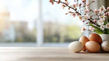Spring celebration with Easter eggs and flowers on a sunny kitchen table