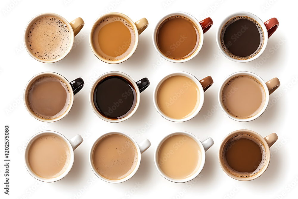 Poster top view of various cup of coffee with different flavor isolated on a white background