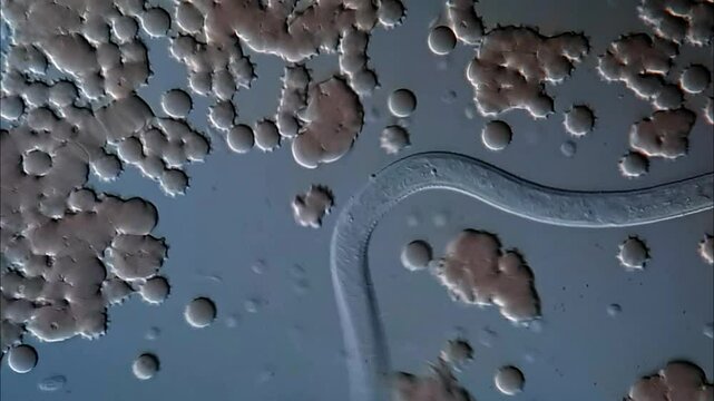 Dirofilaria nematode in canine blood under microscope 