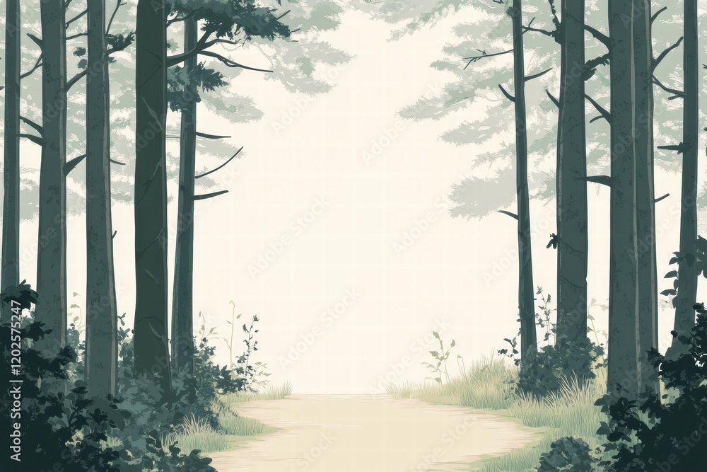 Poster Forest trail winding through tall trees on a calm day inviting exploration and adventure in natures beauty. Generative AI