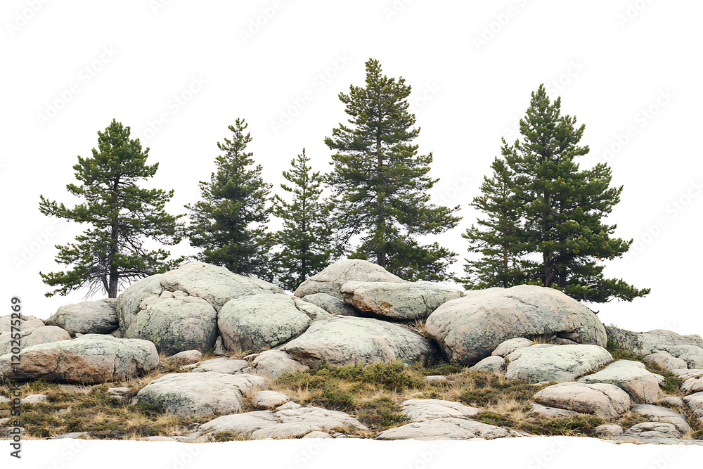 Poster towering evergreen trees stands prominently behind a rugged terrain of large, scattered boulders iso