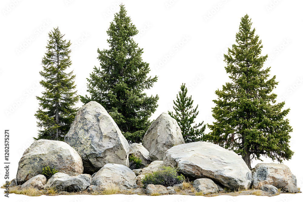 Poster towering evergreen trees stands prominently behind a rugged terrain of large, scattered boulders iso