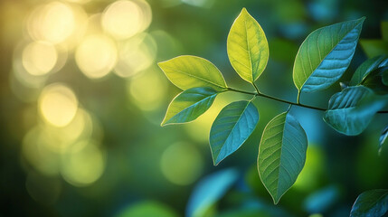 Soft morning sunlight filtering through lush green forest leaves creating a peaceful, serene atmosphere with blurred background and empty space for captions or text overlay

