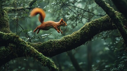 Obraz premium Squirrel on mossy branch amidst dense forest backdrop