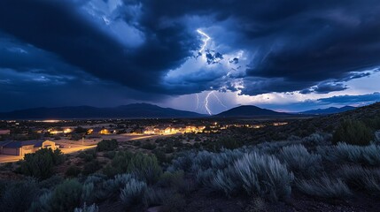 Dramatic thunderstorm over a rural town at night with lightning strikes and dark clouds