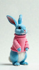 Easter Card, Blue Bunny in Pink Sweater Standing on Hind Paws on White Background
