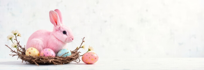 Pink Bunny Sitting on a nest of Among Blossoming Twigs with Painted Easter Eggs on White Abstract Background, copy space
