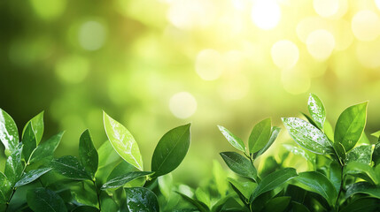 Soft morning sunlight filtering through lush green forest leaves creating a peaceful, serene atmosphere with blurred background and empty space for captions or text overlay


