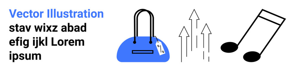 Blue handbag, rising arrows, musical note, placeholder text in black and blue. Ideal for fashion, business growth, music industry, marketing branding design digital content. Landing page