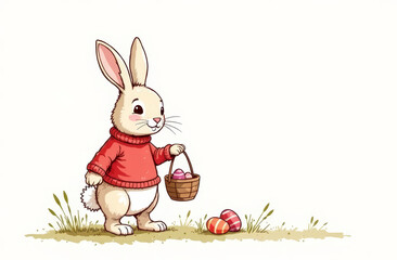 Cartoon bunny in a red sweater walks around the meadow and collects colored Easter eggs in a basket, copy space