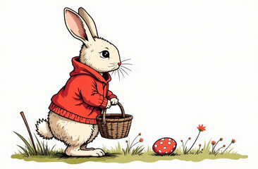 Cartoon bunny in a red sweater walks around the meadow and collects colored Easter eggs in a basket, copy space