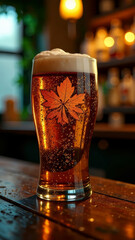A glass of dark foaming beer with a maple leaf depicted on it stands on the bar counter