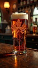 A glass of dark foaming beer with a maple leaf depicted on it stands on the bar counter