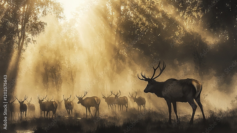 Wall mural a group of deer standing together in a forest with tall grass and trees in the background