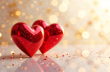 Two volumetric scarlet hearts on a beautiful abstract geometric pearlescent gold white background,copy space