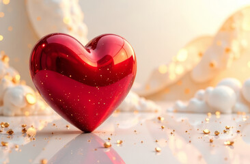 Two volumetric scarlet heart on a beautiful abstract geometric pearlescent gold white background, copy space