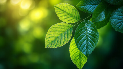 Soft morning sunlight filtering through lush green forest leaves creating a peaceful, serene atmosphere with blurred background and empty space for captions or text overlay

