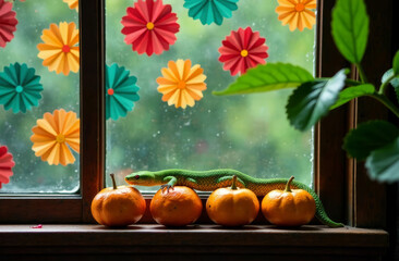 Green lizard crawling on pumpkins lying under the window with paper flowers pasted on the glass, Chinese New Year card