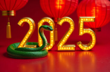 A green tree snake crawls next to the golden glowing numbers 2025 against the background of burning Chinese lanterns, copy space