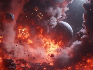 Dynamic cosmic explosion displays vibrant colors with swirling clouds and distant planets amidst fiery chaos