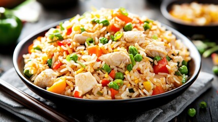Traditional Chinese fried rice with vegetables and chicken. Featuring a savory and colorful dish. Highlighting the texture and flavors of the fried rice. Ideal for food and cultural themes.