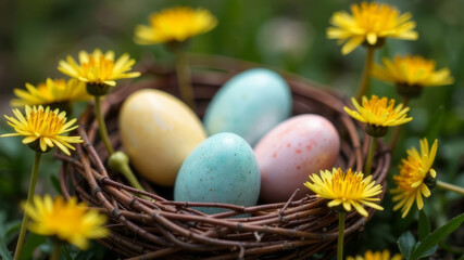 Colored Easter eggs lie in a basket of thin twigs among yellow dandelions