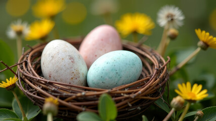 Colored Easter eggs lie in a basket of thin twigs among yellow dandelions