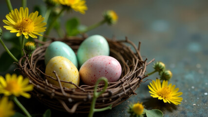Colored Easter eggs lie in a basket of thin twigs among yellow dandelions, copy space