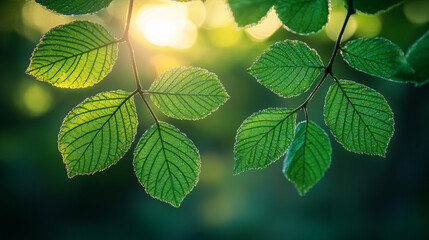 Soft morning sunlight filtering through lush green forest leaves creating a peaceful, serene atmosphere with blurred background and empty space for captions or text overlay

