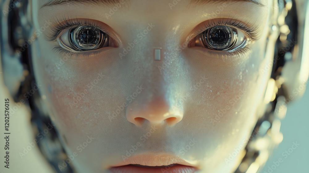 Poster emotional humanoid robot face captures complex feelings in an urban setting