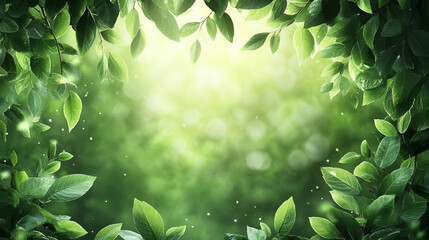 Soft morning sunlight filtering through lush green forest leaves creating a peaceful, serene atmosphere with blurred background and empty space for captions or text overlay

