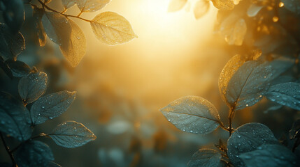 Soft morning sunlight filtering through lush green forest leaves creating a peaceful, serene atmosphere with blurred background and empty space for captions or text overlay

