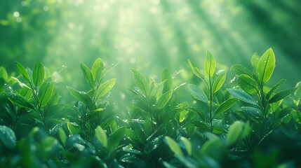 Soft morning sunlight filtering through lush green forest leaves creating a peaceful, serene atmosphere with blurred background and empty space for captions or text overlay


