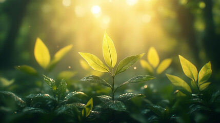 Soft morning sunlight filtering through lush green forest leaves creating a peaceful, serene atmosphere with blurred background and empty space for captions or text overlay

