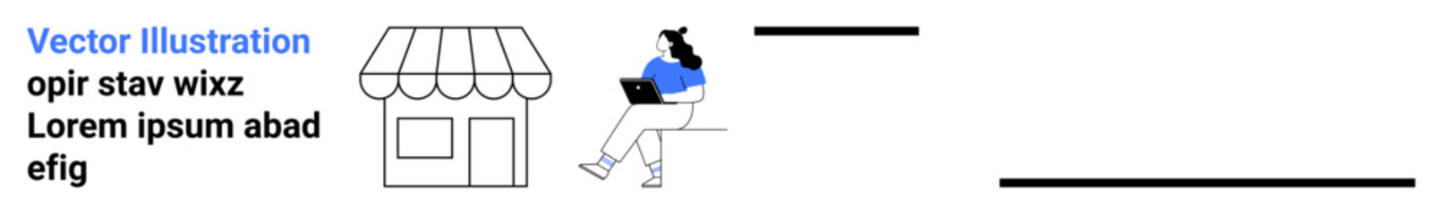 Shop icon, person with laptop, text lines. Ideal for freelancers, remote work, small businesses, home office, digital nomads, entrepreneurship, consulting. Landing page