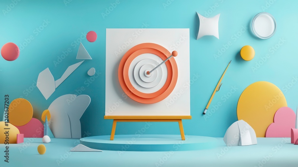 Aufkleber 3D render of target on easel with abstract shapes.