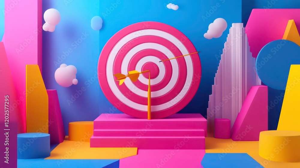 Aufkleber gold dart hitting center of pink target on colorful geometric background.