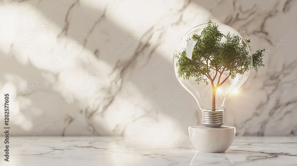 Poster a lightbulb with a tree inside sits on a marble table against a marble wall in the background