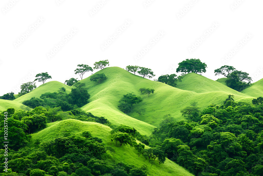 Aufkleber rolling green hills adorned with lush trees isolated on a white background