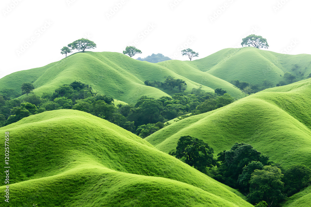 Aufkleber rolling green hills adorned with lush trees isolated on a white background