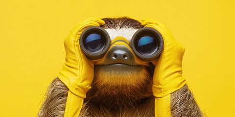 Fototapeta premium Sloth in yellow gloves with binoculars