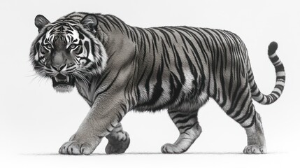 Naklejka premium Studio shot of a grey tiger walking, white background, wildlife illustration, for print