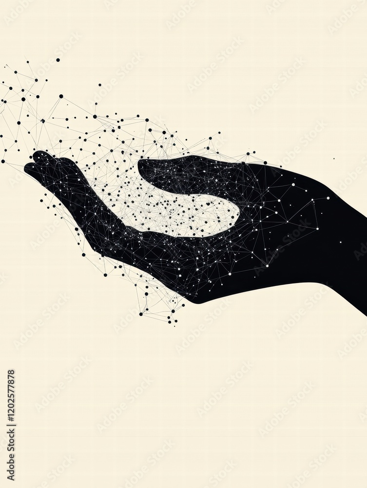Poster hands connect through lines and dots representing networks and relationships in a digital world. gen
